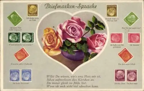 Ak Briefmarkensprache, Rosen, Kitsch