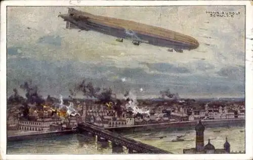 Künstler Ak Schulze, Hans Rudolf, Zeppelin, Luftschiff Schütte Lanz, Warschau bombardierend, I. WK