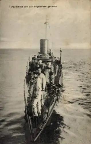 Ak Deutsches Kriegsschiff, Torpodoboot von der Vogelschau, Seeleute, Kaiserliche Marine, Bugansicht