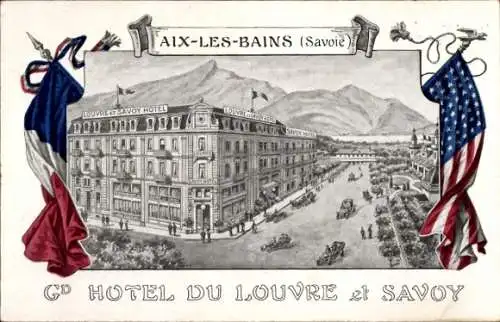 Litho Aix les Bains Savoie, Hotel du Louvre et Savoy