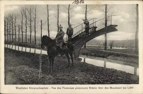 Ak Liny devant Dun Meuse, Von Franzosen gesprengte Brücke über den Maaskanal