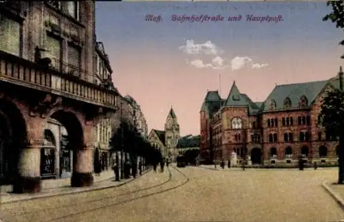 Ak Metz Moselle, Bahnhofstraße und Hauptpost, Straßenpartie