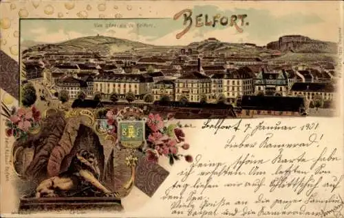 Litho Belfort Beffert Beffort Territoire de Belfort, Gesamtansicht, Löwendenkmal, Wappen