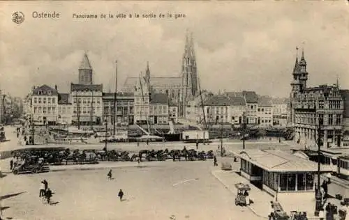 Ak Ostende Ostende Westflandern, Panorama der Stadt, Ausgang vom Bahnhof