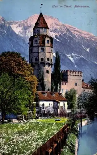 Ak Hall in Tirol Österreich, Blick auf den Münzturm, Gebirge, Fluss, Zinnen