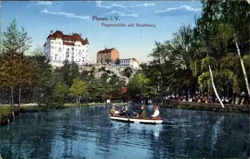 Ak Plauen im Vogtland, Poppenmühle mit Streitsberg, Ruderboot