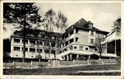 Ak Bad Elster im Vogtland, Kurheim Reichsbahn, Außenansicht, Fahne, Zaun, Birken