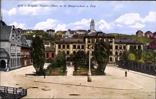 Ak Aue im Erzgebirge Sachsen, Gessner Platz mit II. Bürgerschule und Post