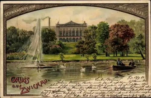 Litho Zwickau Sachsen, Schwanenteich, Schloss, Ruderboot