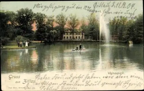 Ak Zittau Sachsen, Wasserfontäne im Teich des Weinauparkes, Gondelfahrt