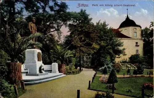 Ak Zittau in Sachsen, Park mit König Albert-Denkmal