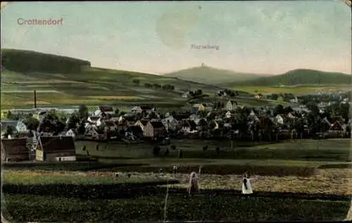 Ak Crottendorf in Sachsen, Ortspanorama mit Blick zum Fichtelberg, Kinder auf dem Feld