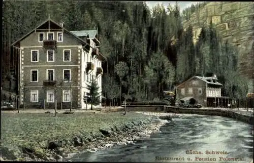 Ak Hohnstein in der Sächsischen Schweiz, Partie am Fluss mit Blick zum Restaurant, Pension Polenztal