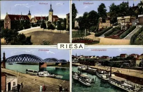 Ak Riesa an der Elbe Sachsen, Rathaus, Elbbrücke, Stadtpark, Landungsplatz