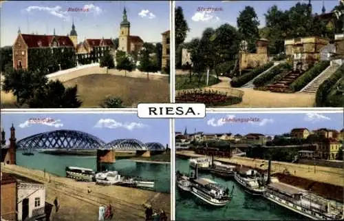 Ak Riesa an der Elbe Sachsen, Rathaus, Elbbrücke, Stadtpark, Landungsplatz