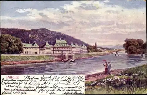 Künstler Ak Dresden Pillnitz, Blick übers Wasser, Paar