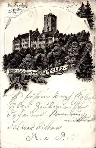 Litho Lutherstadt Eisenach in Thüringen, Wartburg, Blick von Osten auf die Burg