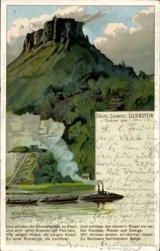 Künstler Litho Schmidt, W., Bad Schandau an der Elbe, Lilienstein, Dampfer, Gedicht