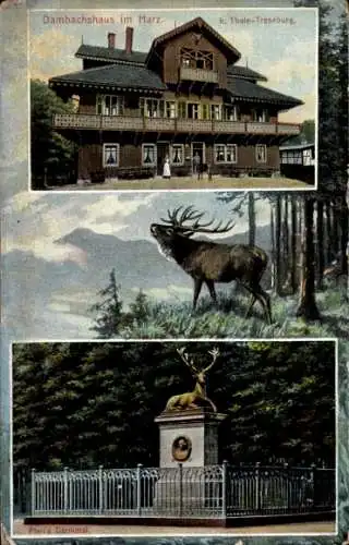 Ak Thale im Harz, Dambachshaus, Hirschdenkmal, röhrender Hirsch