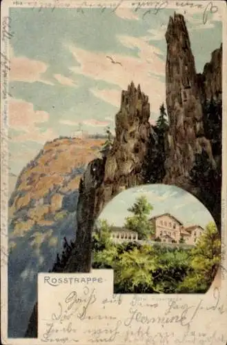 Litho Treseburg Thale, Hotel Rosstrappe auf dem Granitfelsen