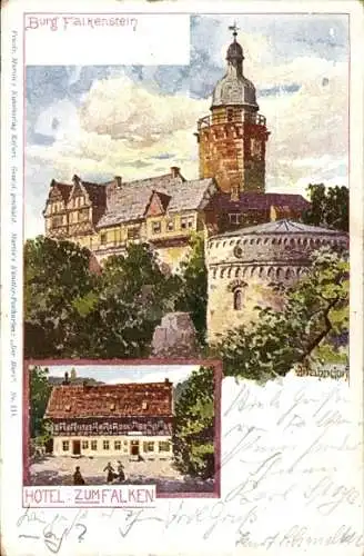 Künstler Ak Bahndorf, Heribert, Falkenstein im Harz, Burg Falkenstein, Hotel zum Falken