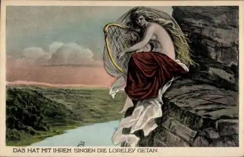 Ak St. Goarshausen, Loreley mit Harfe auf dem Felsen