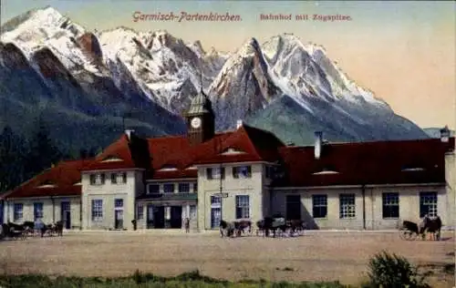 Ak Garmisch Partenkirchen in Oberbayern, Bahnhof, Zugspitze