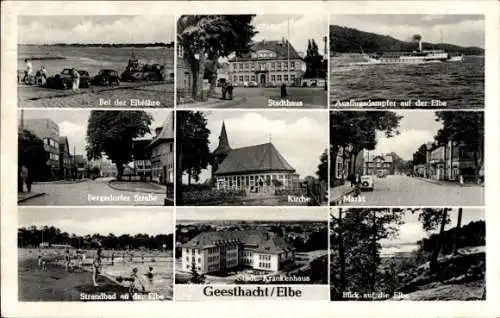 Ak Geesthacht an der Elbe, Kirche, Bergedorfer Straße, Stadt Krankenhaus, Markt, Stadthaus