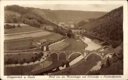 Ak Ziegenrück am Schiefergebirge Thüringen, Blick v. d. Hemmkoppe auf Eisenbahn und Elisabethbrücke