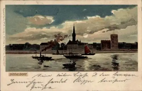 Künstler Litho Grothe, Düsseldorf am Rhein, Flusspartie mit Blick auf die Stadt, Boote, Kirchturm