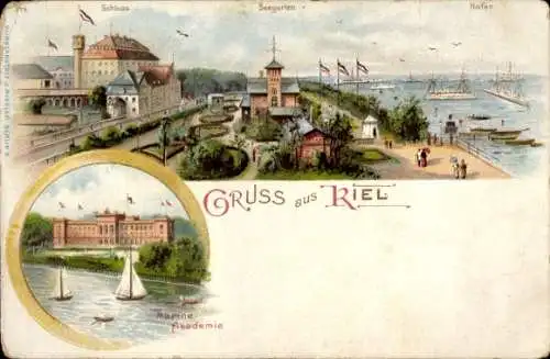 Litho Kiel in Schleswig Holstein, Hafen, Seegarten, Marineakademie, Schloss