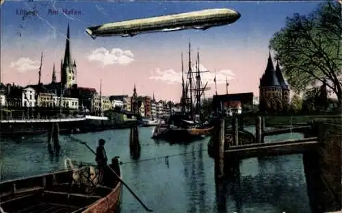 Ak Hansestadt Lübeck, Am Hafen, Zeppelin