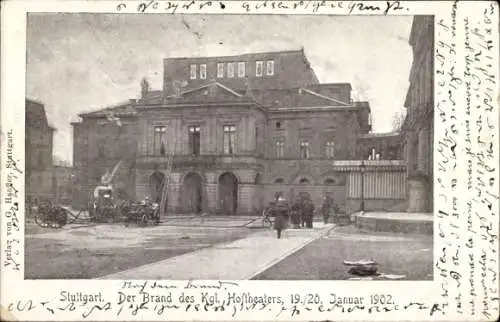 Ak Stuttgart in Baden Württemberg, Brand Kgl. Hoftheater 19.-20. Januar 1902, Feuerwehr beim Löschen