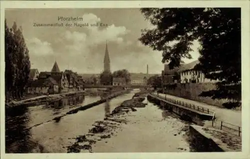 Ak Pforzheim Schwarzwald, Zusammenfluss der Nagold und Enz