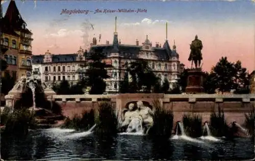 Ak Magdeburg an der Elbe, Am Kaiser Wilhelm Platz, Kaiser Wilhelm Denkmal, Wasserspiel