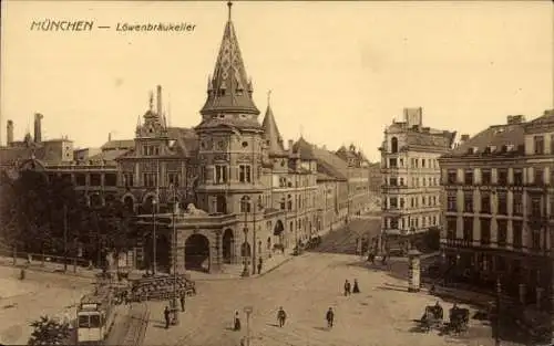 Ak München Bayern, Löwenbräukeller, Straßenbahn, Stiglmaier Apotheke