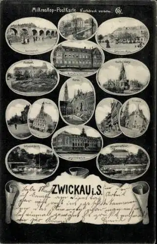 Ak Zwickau in Sachsen, Postamt, Kreiskrankenstift, Markt, Moritz Kirche, Schumann Platz