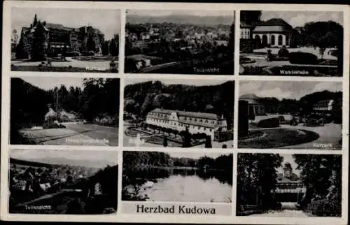 Ak Kudowa Zdrój Bad Kudowa Schlesien, Kurhotel Fürstenhof, Schloss, Wandelhalle, Kurpark