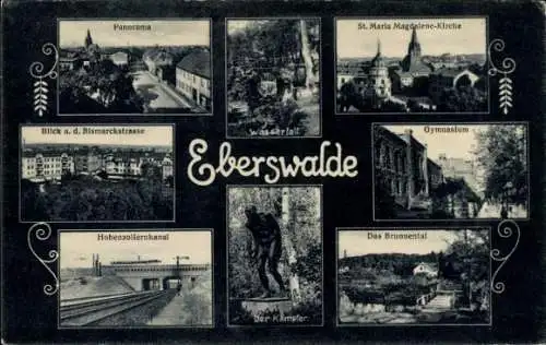 Ak Eberswalde in der Mark, Hohenzollernkanal, Bismarckstraße, Gymnasium, Brunnental