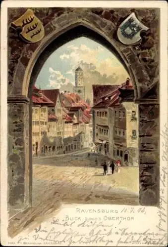 Künstler Litho Ravensburg in Oberschwaben Baden Württemberg, Blick durch's Oberthor, Wappen