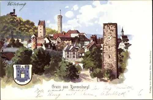 Künstler Ak Ravensburg in Oberschwaben Baden Württemberg, Stadtansicht, Wappen