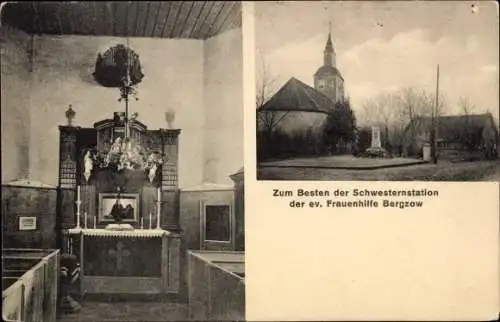 Ak Bergzow Elbe Parey in Sachsen Anhalt, Schwesternstation der ev. Frauenhilfe, Kirche, Altar