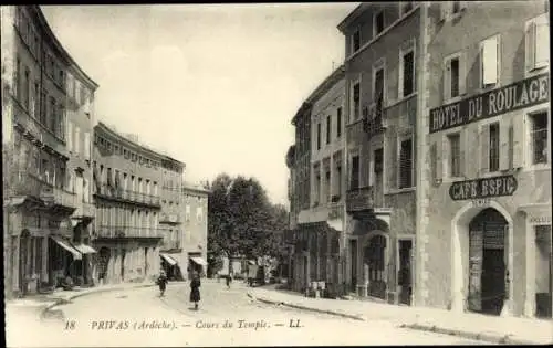 Ak Privas Ardèche, Cours du Temple, Hotel du Roulage, Cafe Espic