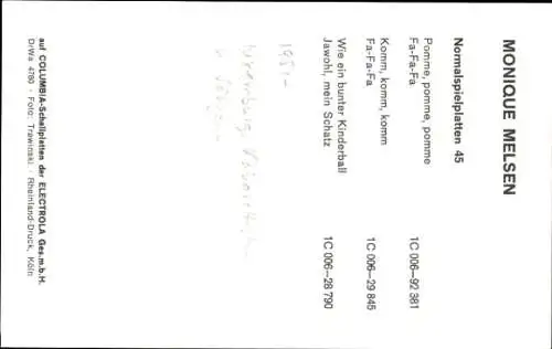 Ak Sängerin Monique Melsen, Portrait, Autogramm