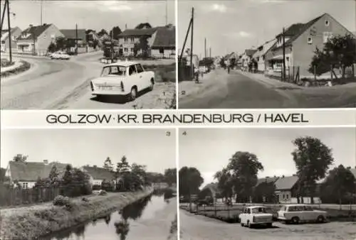 Ak Golzow in der Mittelmark, Marktplatz, Brandenburger Straße, Partie an der Plane, Trabant