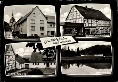 Ak Goddelsheim Lichtenfels Hessen, Kirche, Kaufhaus Heinrich Knipp, Kindergarten, Forellenteich