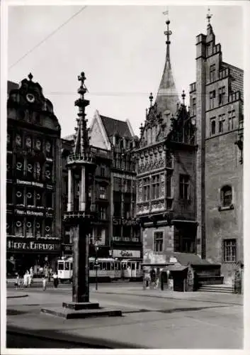 Ak Wrocław Breslau Schlesien, Rathaus und Staupsäule, Straßenbahn, Eisenwaren Werkzeuge