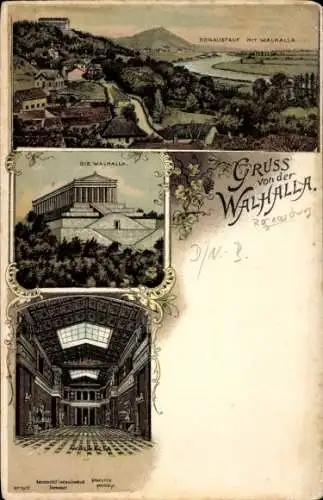 Litho Donaustauf in der Oberpfalz, Gesamtansicht mit Walhalla