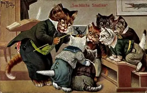 Künstler Ak Thiele, Arthur, Anschauungsunterricht, Schulklasse, vermenschlichte Katzen