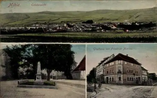 Ak Mihla in Thüringen, Panorma, Gasthaus von Friedrich Merten, Kriegerdenkmal